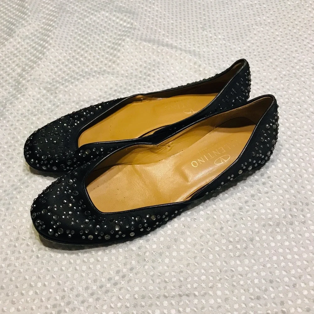 Valentino Garavani Swarovski Crystal Studded Flats Black Satin Size 8.5 - Picture 3 of 14